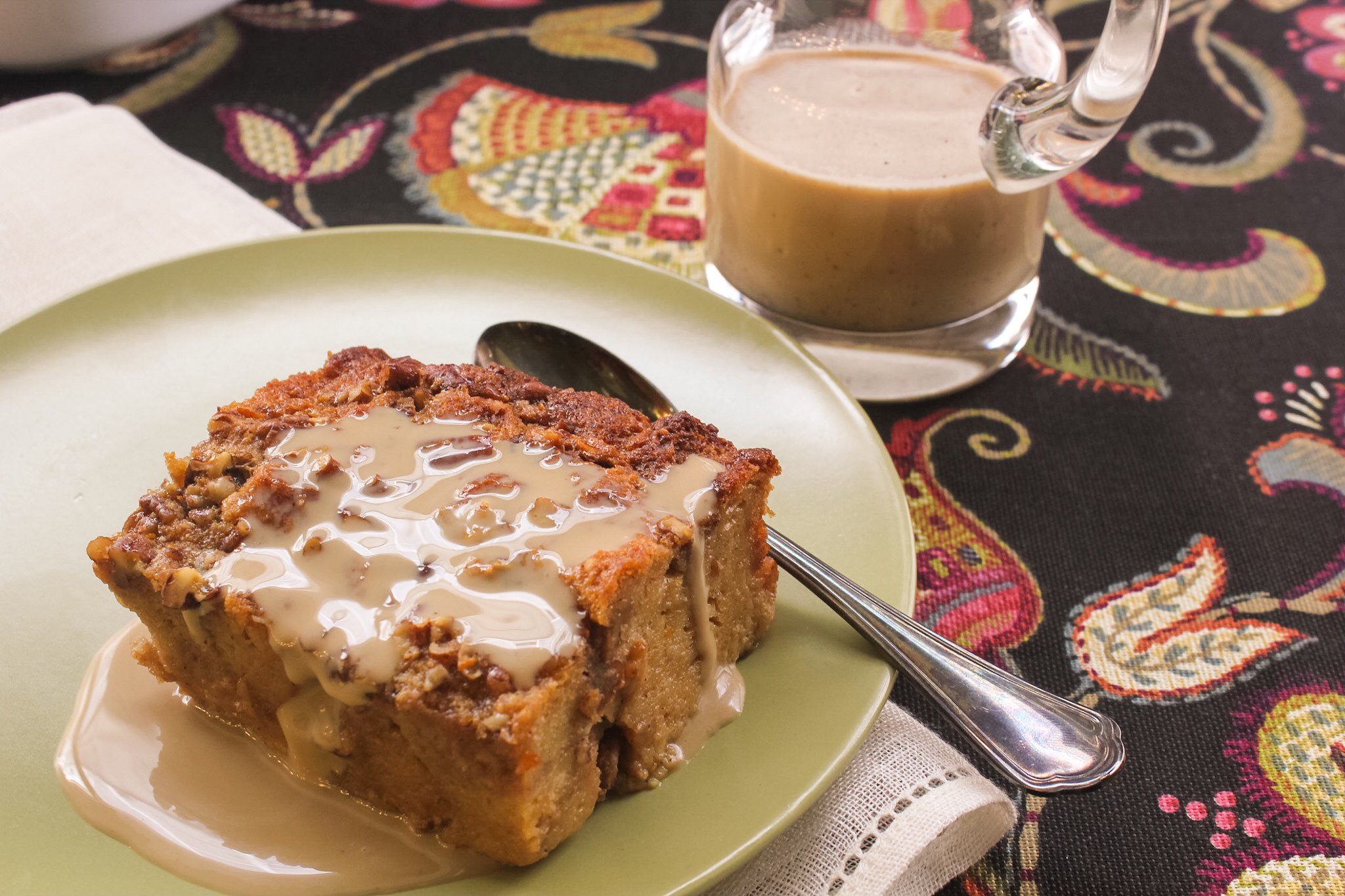 Cane Syrup Pecan Bread Pudding with Espresso Creme Anglaise